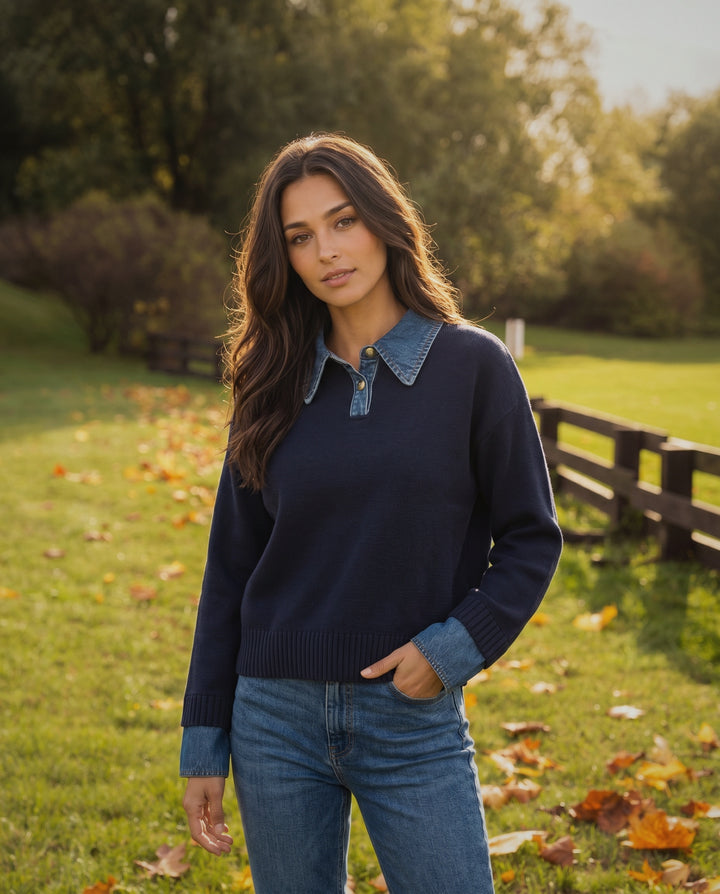Denim-Collared Knit Jumper