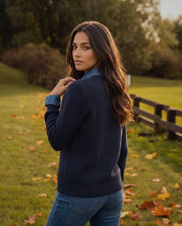 Denim-Collared Knit Jumper