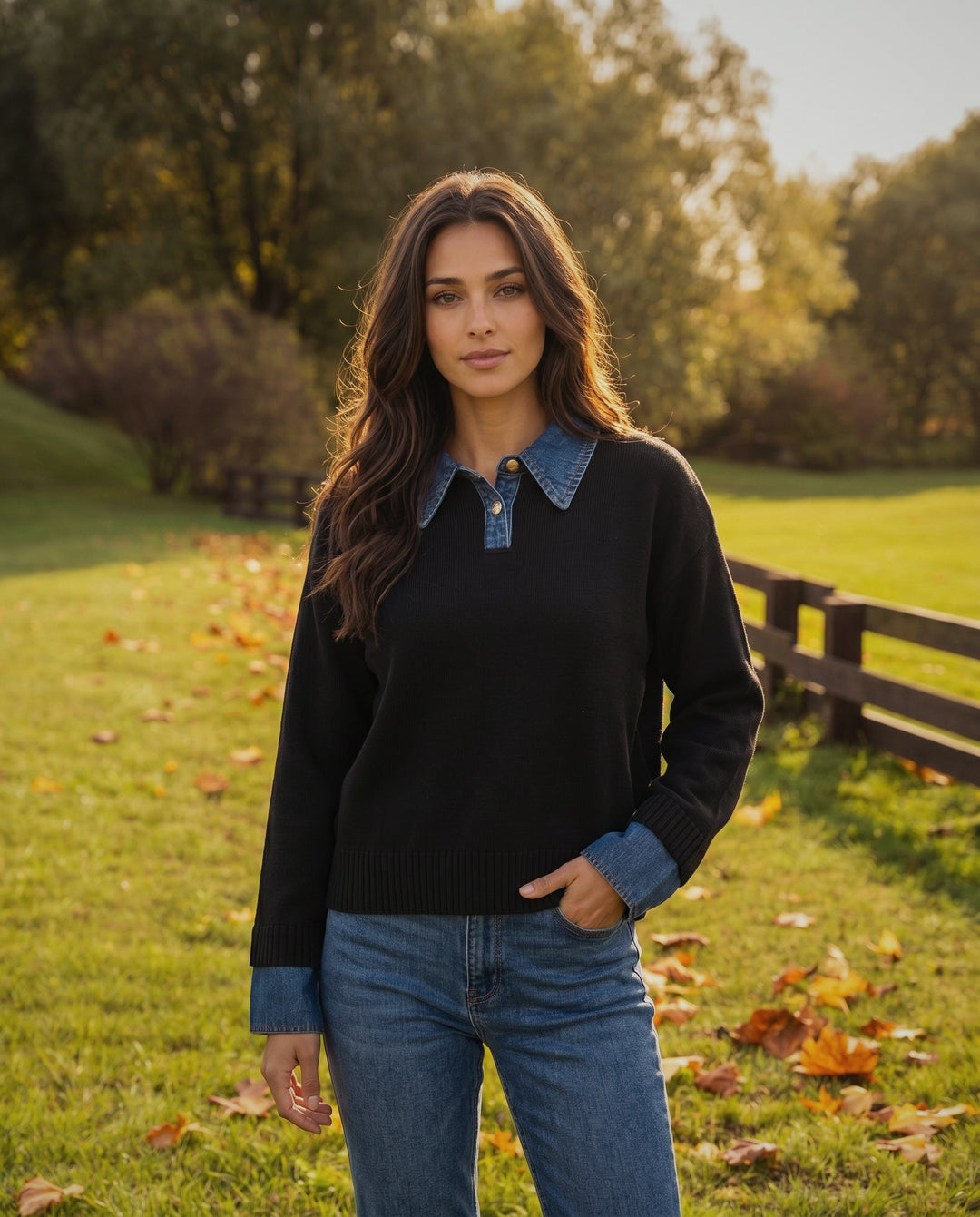 Denim-Collared Knit Jumper