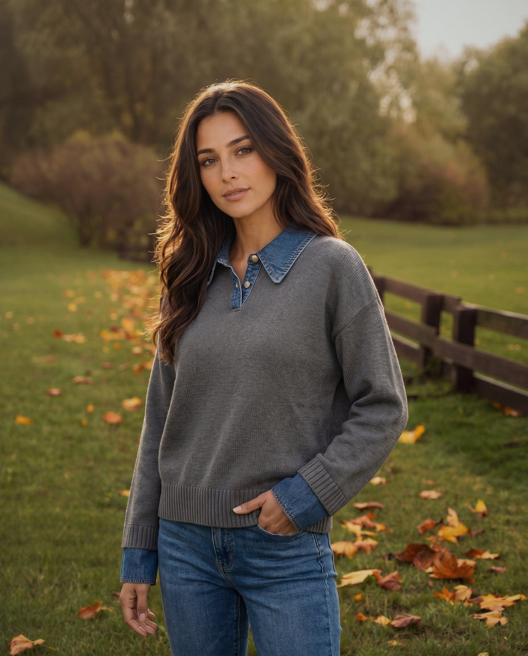 Denim-Collared Knit Jumper