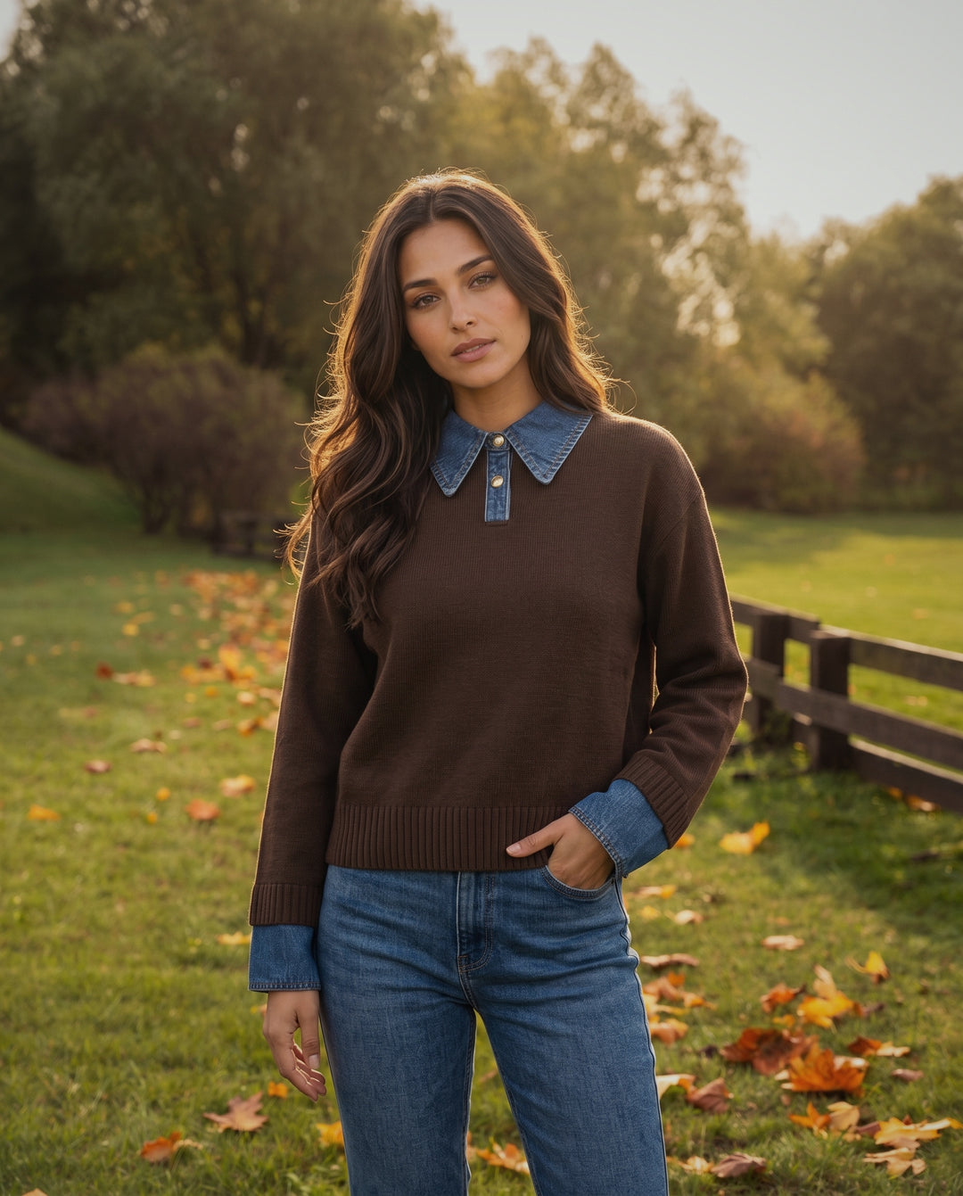 Denim-Collared Knit Jumper