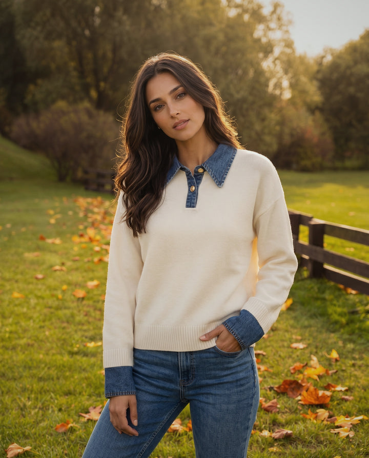 Denim-Collared Knit Jumper